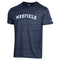 Navy Be Charmed Medfield Arch adult tri-blend tee by Champion – ultra-soft athletic shirt with vintage Medfield arch graphic and classic fit, available at Be Charmed.