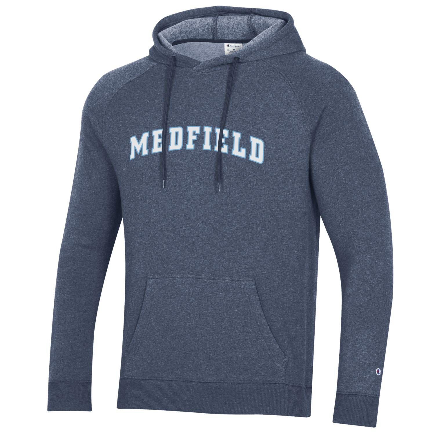 Be Charmed Navy Medfield Arch Triumph fleece hoodie by Champion – ultra-soft, midweight hoodie with bold Medfield arch graphic, athletic fit and kangaroo pocket, available at Be Charmed.