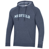 Be Charmed Navy Medfield Arch Triumph fleece hoodie by Champion – ultra-soft, midweight hoodie with bold Medfield arch graphic, athletic fit and kangaroo pocket, available at Be Charmed.