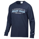 Be Charmed Navy Medfield long sleeve tee by Champion – classic athletic fit with bold Medfield lettering, soft cotton blend for comfort and hometown pride, available at Be Charmed.