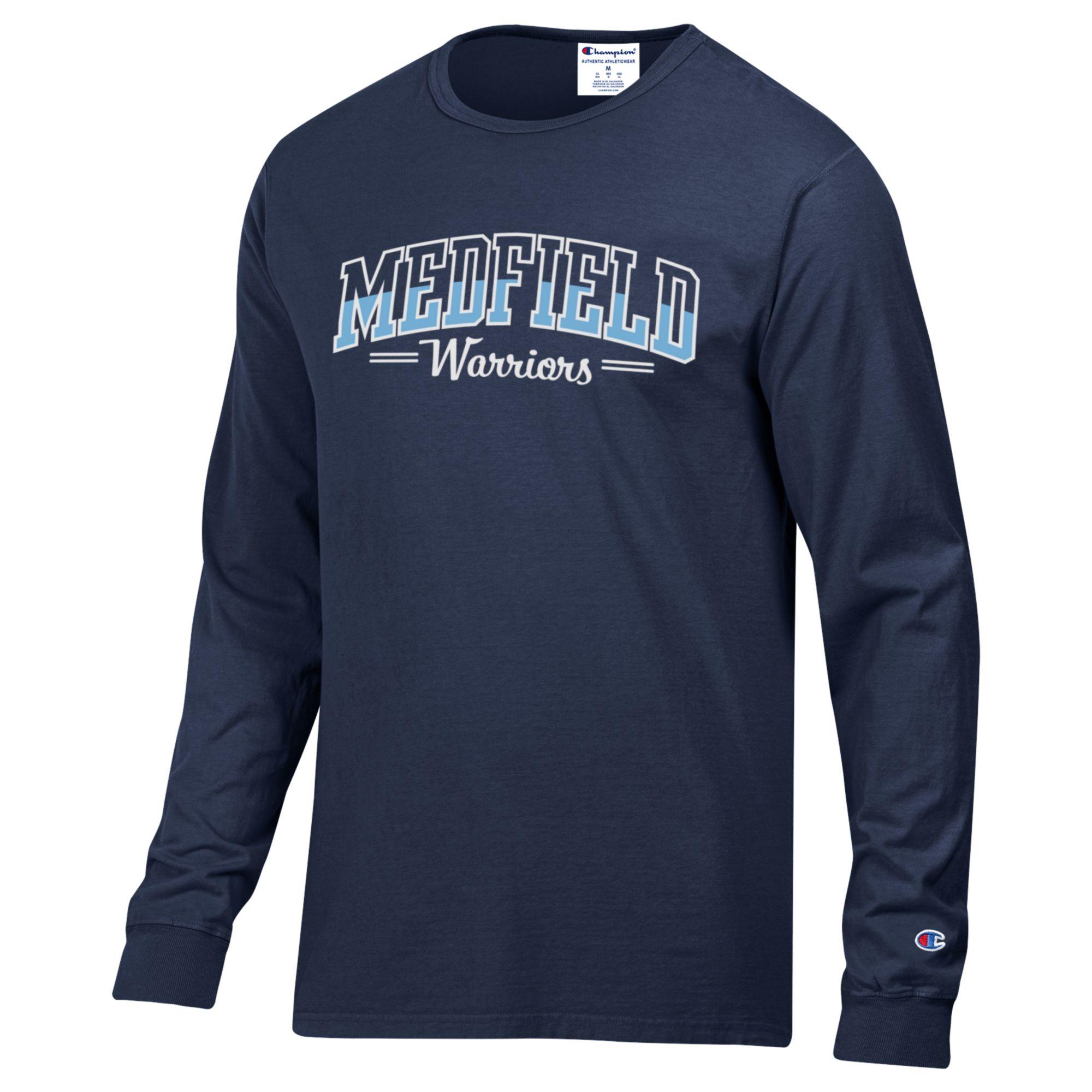 Be Charmed Navy Medfield long sleeve tee by Champion – classic athletic fit with bold Medfield lettering, soft cotton blend for comfort and hometown pride, available at Be Charmed.