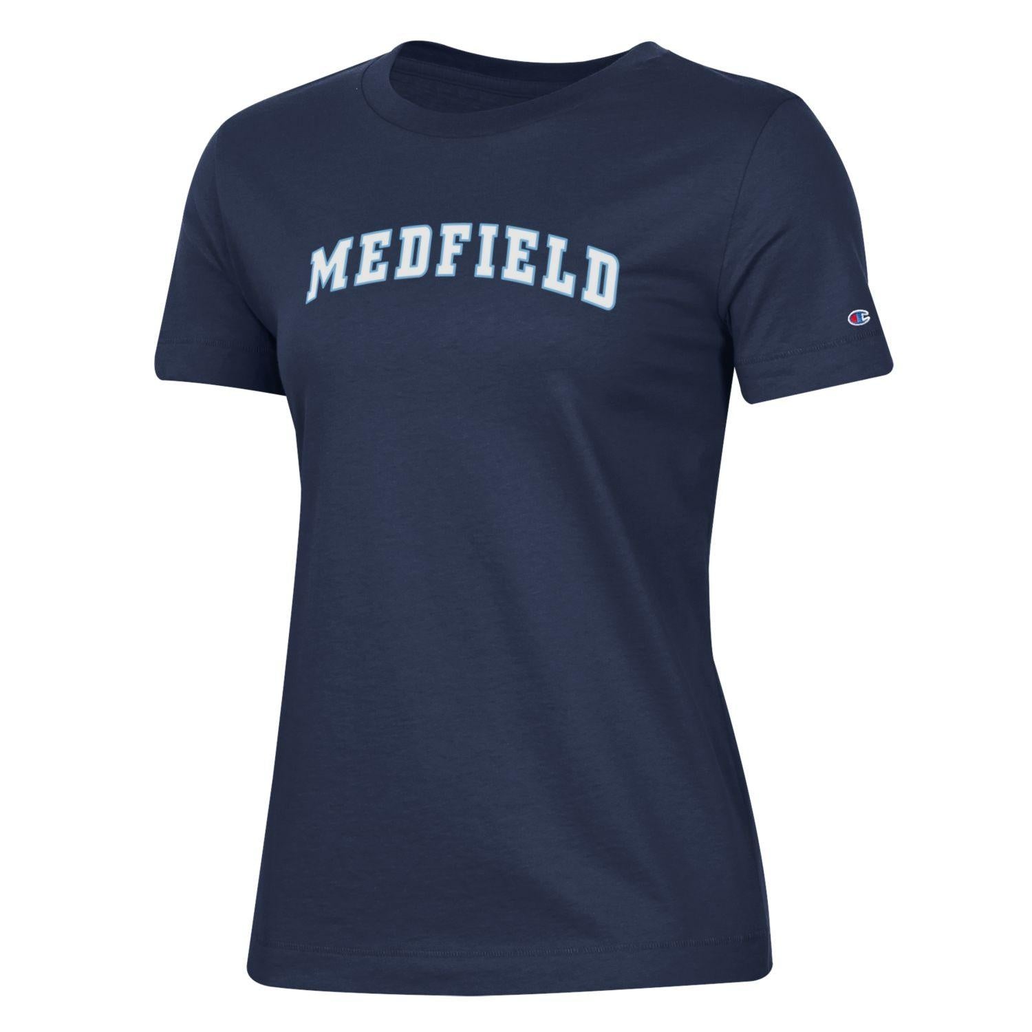 Navy Be Charmed women’s short sleeve tee by Champion – classic fit, breathable cotton, and signature Champion logo—versatile and stylish everyday wear, available at Be Charmed.