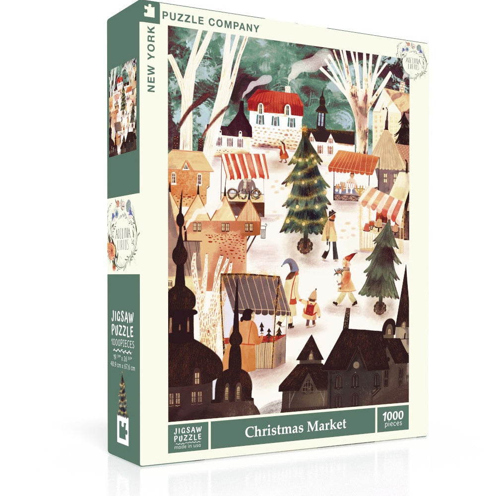 New York Puzzle Co Christmas Market 1000 Piece Puzzle – festive holiday jigsaw with market scene, perfect for family fun or gifting. Available at Be Charmed