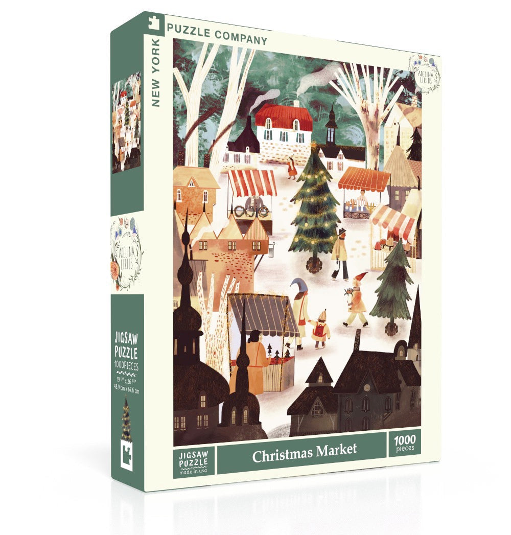 New York Puzzle Co Christmas Market 1000 Piece Puzzle – festive holiday jigsaw with market scene, perfect for family fun or gifting. Available at Be Charmed