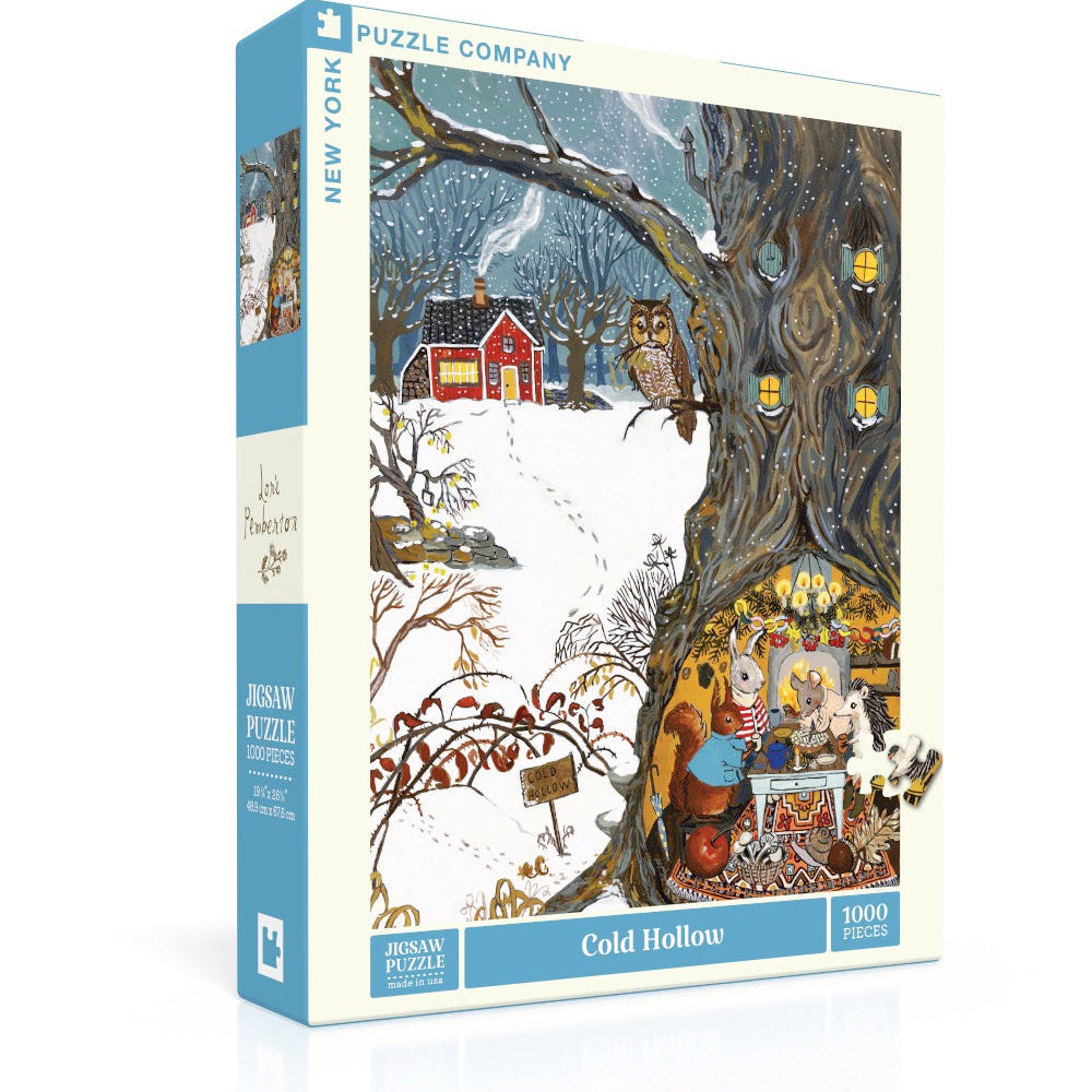 New York Puzzle Co Cold Hollow 1000 Piece Puzzle – cozy countryside jigsaw, perfect for family nights or gifting. Available at Be Charmed