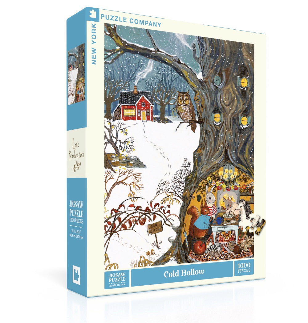 New York Puzzle Co Cold Hollow 1000 Piece Puzzle – cozy countryside jigsaw, perfect for family nights or gifting. Available at Be Charmed