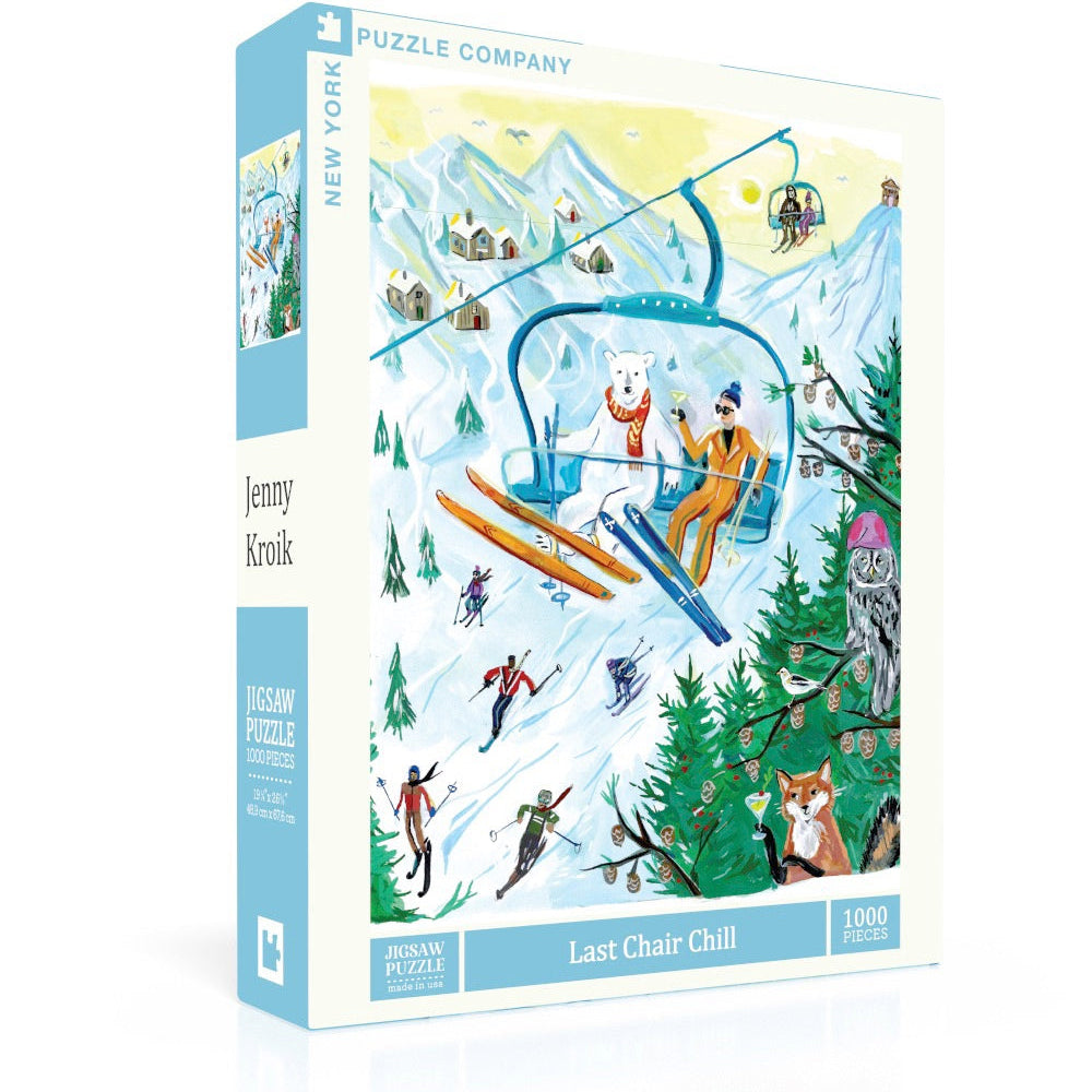 New York Puzzle Co Last Chair Chill 1000 Piece Puzzle – snowy ski scene jigsaw, perfect for winter fun or gifting. Available at Be Charmed