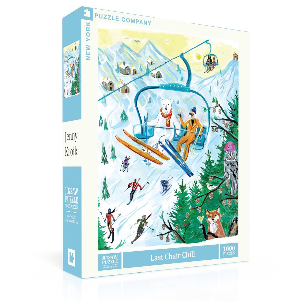 New York Puzzle Co Last Chair Chill 1000 Piece Puzzle – snowy ski scene jigsaw, perfect for winter fun or gifting. Available at Be Charmed