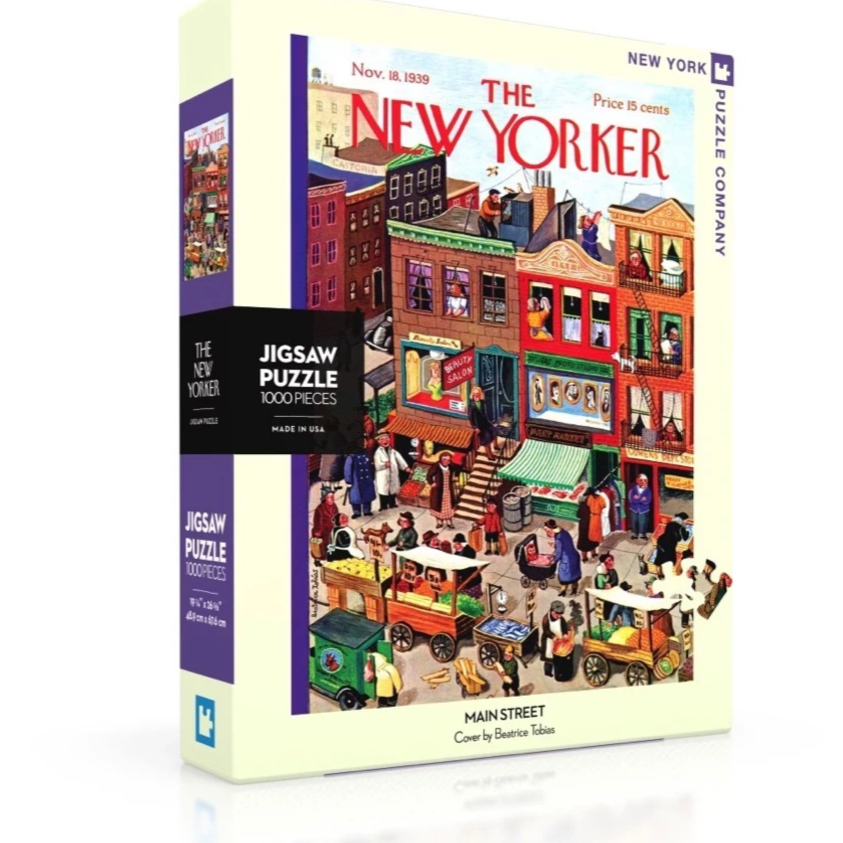 A puzzle box cover featuring a colorful illustration of a bustling Main Street scene with pedestrians and storefronts, titled 'The New Yorker'. Available at Be Charmed