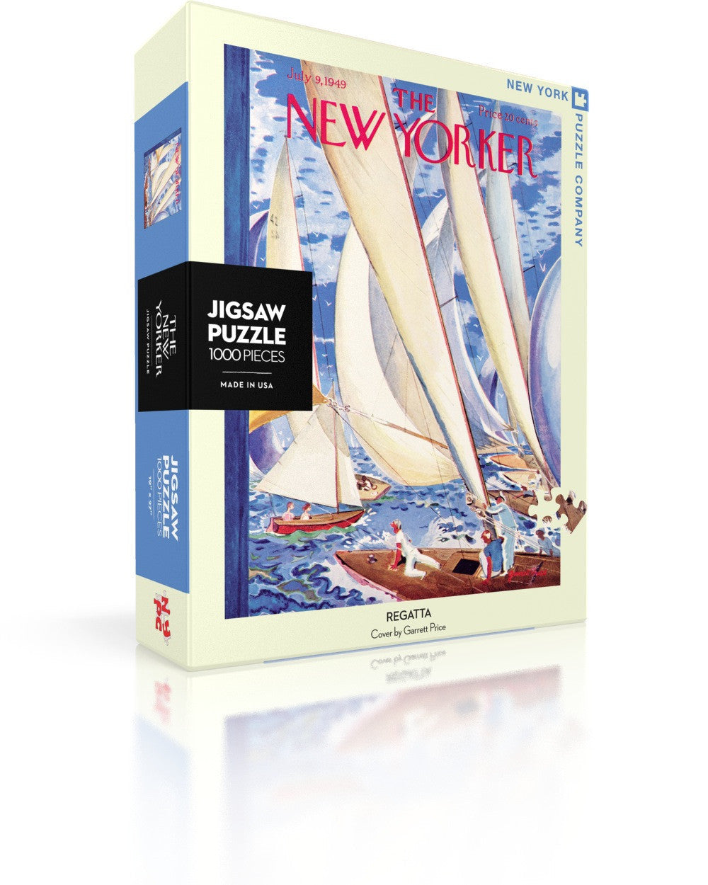 A puzzle box cover featuring a colorful image of sailboats and a sea shore, with 'The New Yorker' magazine branding and the text 'Jigsaw Puzzle'. Available at Be Charmed