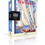 A puzzle box cover featuring a colorful image of sailboats and a sea shore, with 'The New Yorker' magazine branding and the text 'Jigsaw Puzzle'. Available at Be Charmed