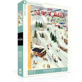 New York Puzzle Co Sledding and Skiing 1000 Piece Puzzle – winter sports jigsaw with snowy fun scene. Available at Be Charmed