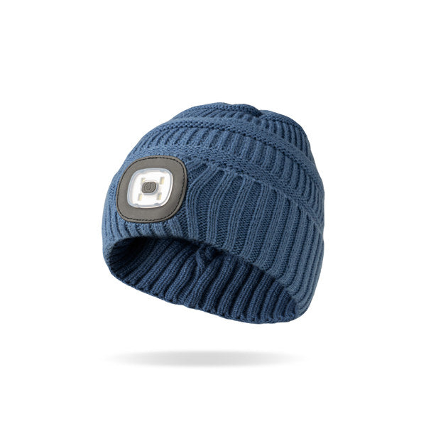 Blue beanie with a built-in light on a white background. Available at Be Charmed