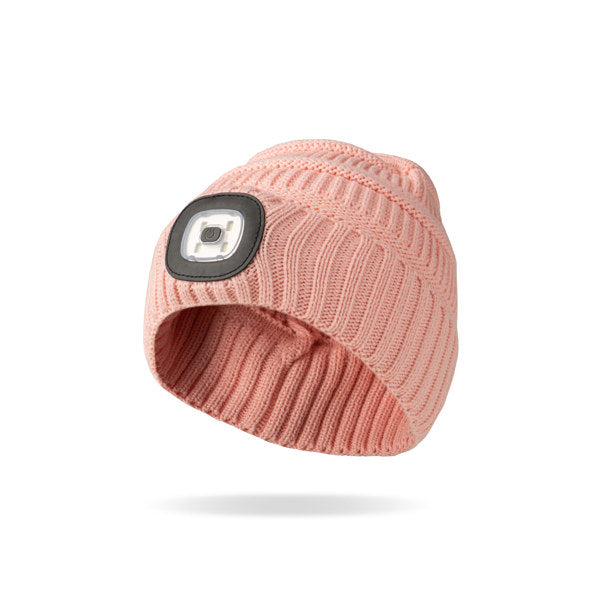 Pink beanie with a light on a white background, Available at Be Charmed