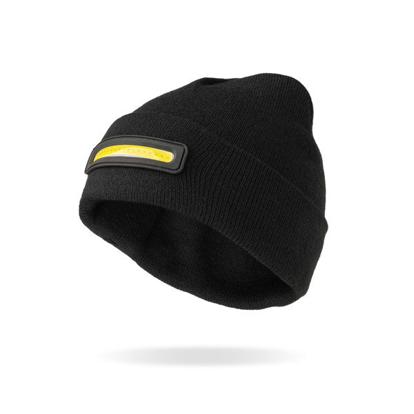 Black beanie with a reflective yellow strip on a white background. Available at Be Charmed