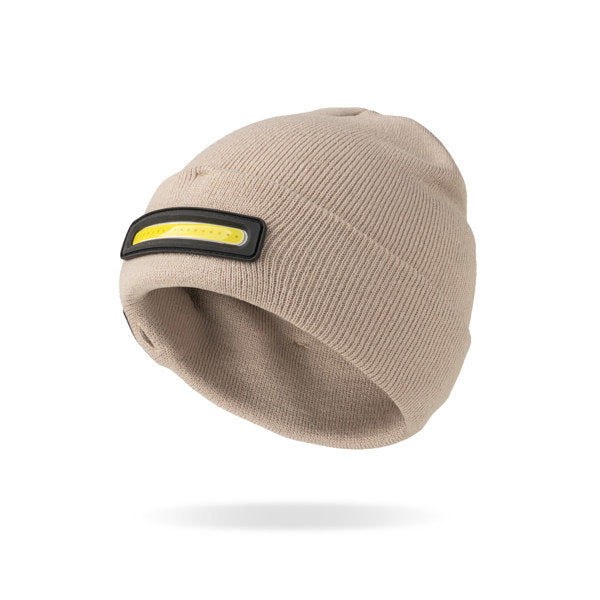 Cream beanie with a black and yellow stripe on a white background. Available at Charmed
