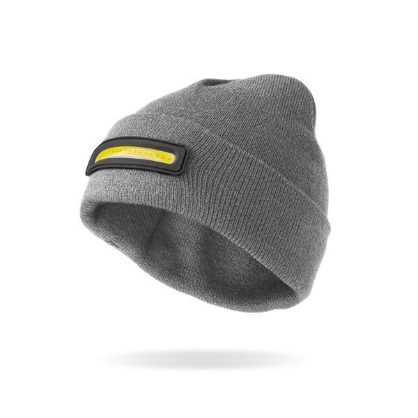 Gray beanie with a black and yellow patch on a white background. Available at Be Charmed