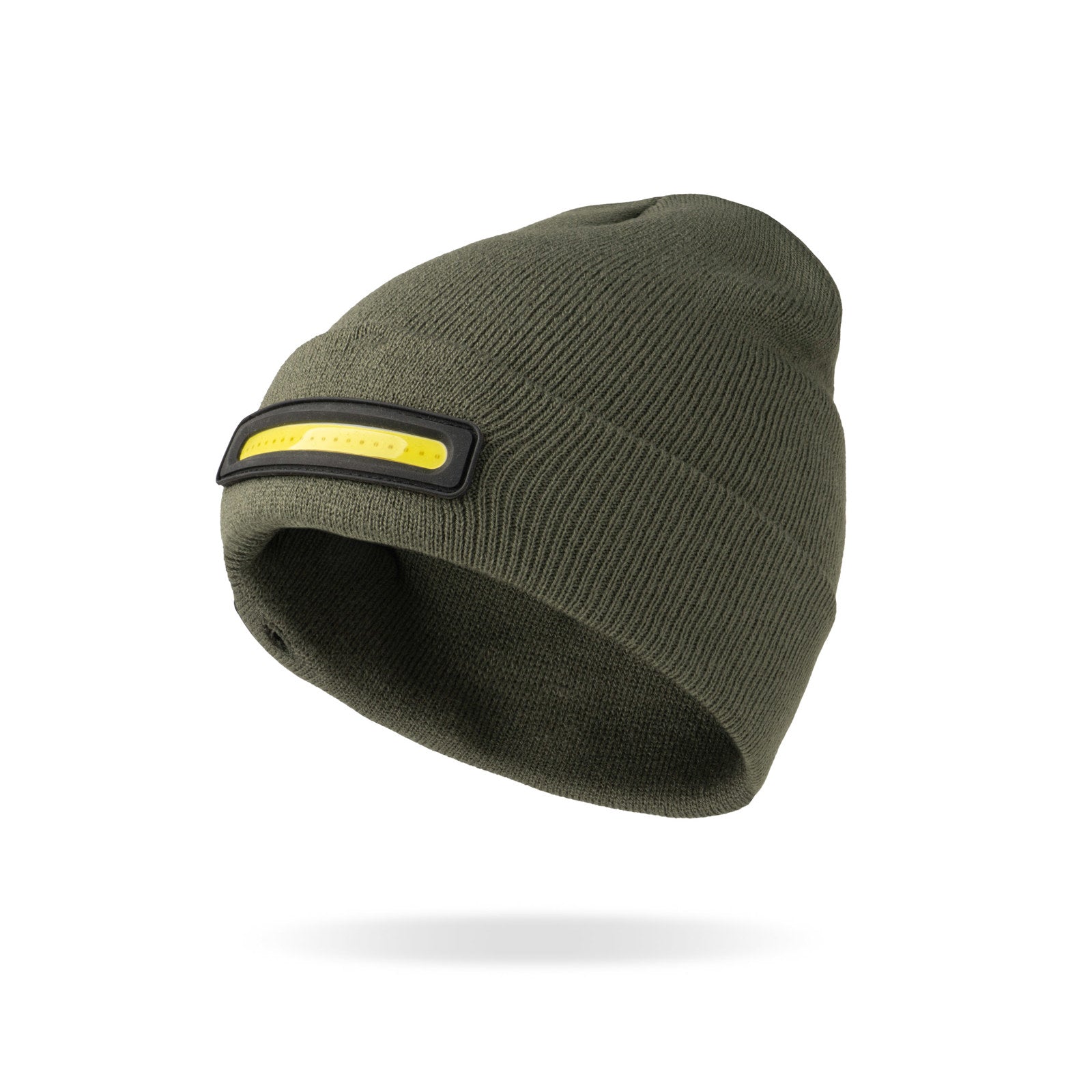 Olive beanie with a black and yellow patch on a white background. Available at Be Charmed