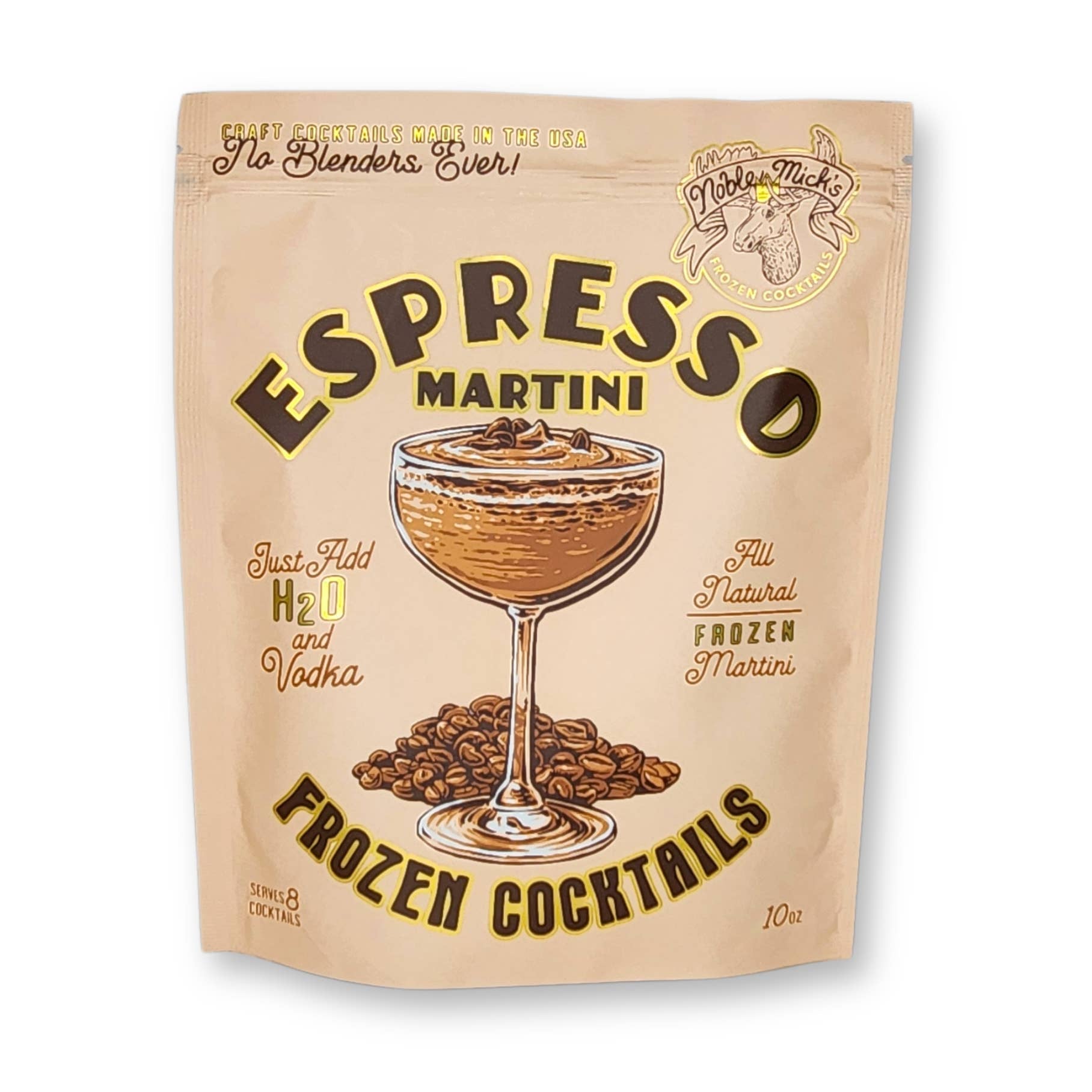 Package of Espresso Martini frozen cocktails with coffee beans and cocktail illustration on a beige background. Available at Be Charmed