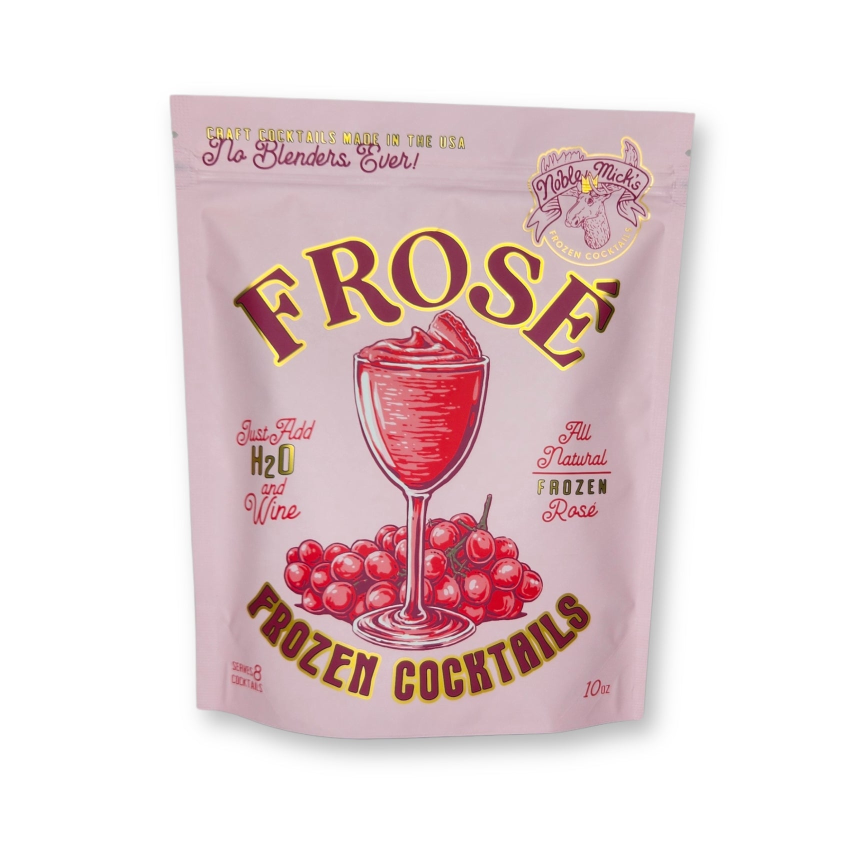 Pink package of Frose Frozen Cocktails with red graphics and text on a white background. Available at Be Charmed