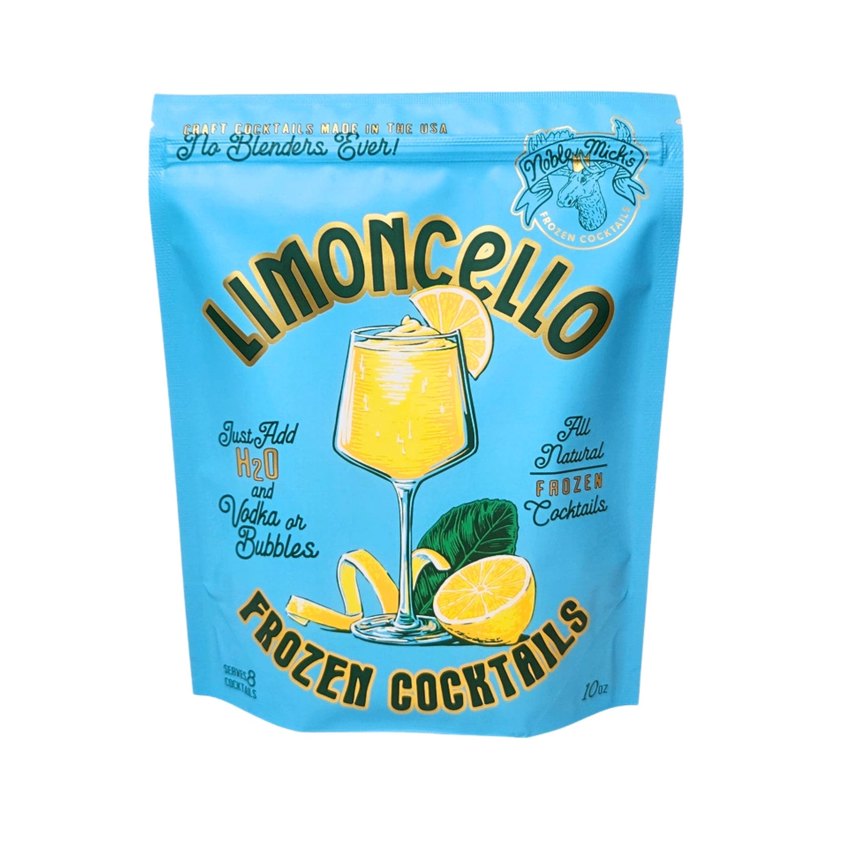 Packaging of Limoncello Frozen Cocktails with lemon illustrations on a blue background. Available at Be Charmed