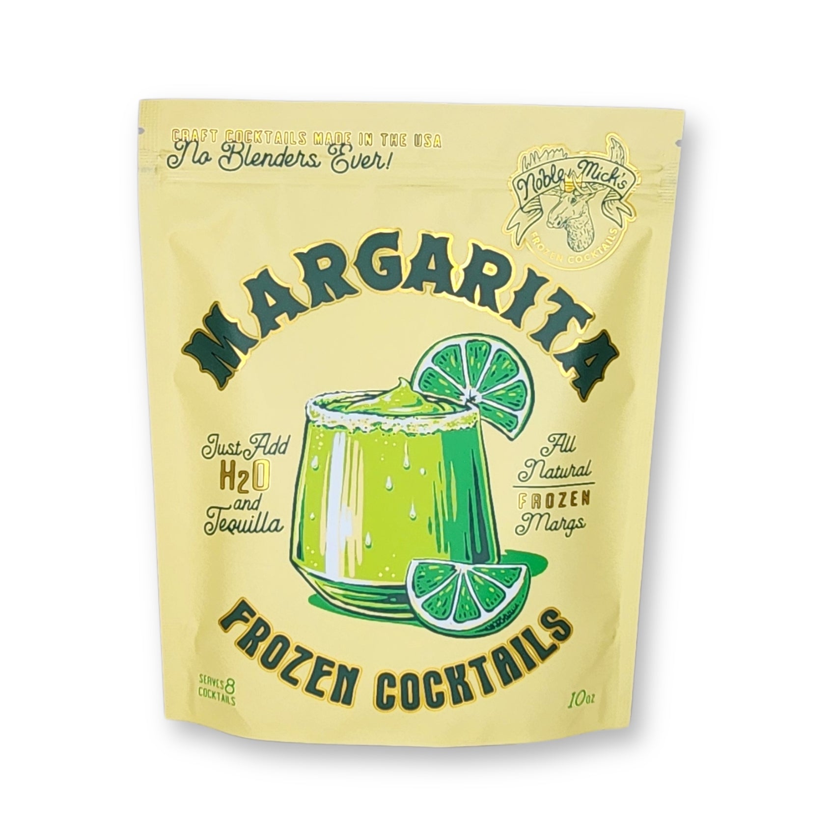 Packaging of frozen margarita mix with lime graphic on a white background. Available at Be Charmed