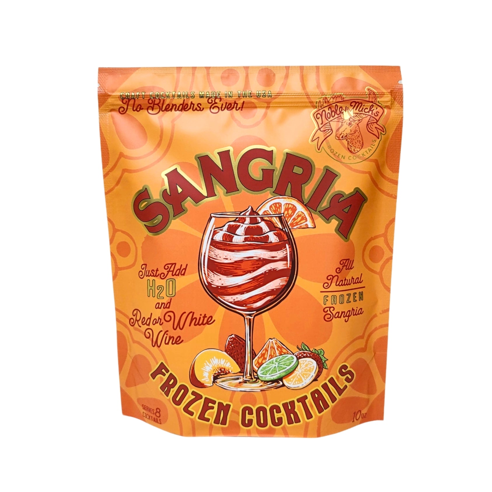 Packaging of frozen sangria cocktails with orange and red design. Available at Be Charmed