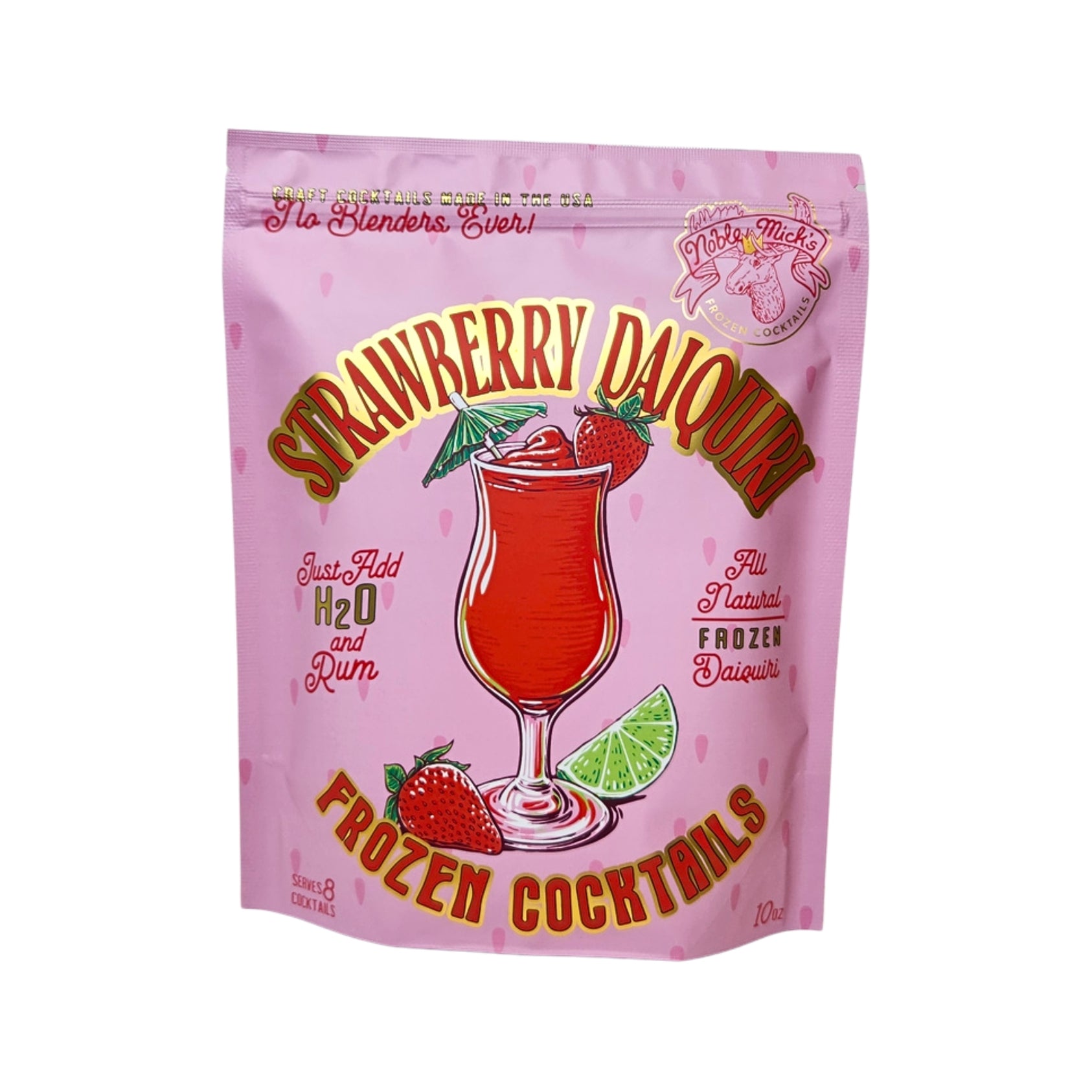 Pink package of strawberry daiquiri frozen cocktails with strawberry and lime graphics. Available at Be Charmed