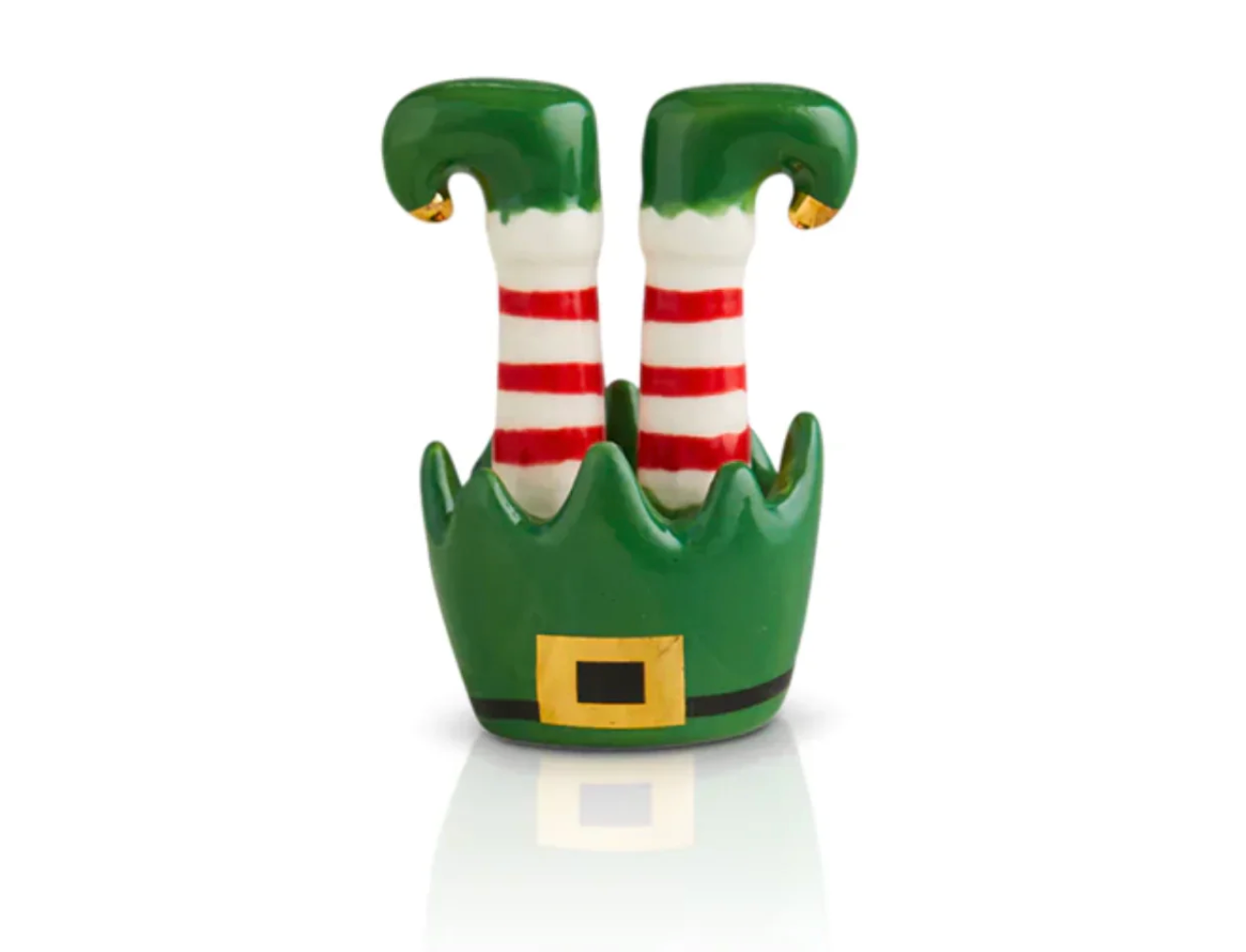 A green, white, and red mini elf feet charm made of glass with a festive design, part of the Nora Fleming Christmas decor collection. Available at Be Charmed