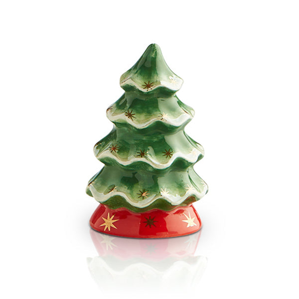 A ceramic mini tree decoration with a green and red color scheme, likely intended for use as a holiday ornament..  Availablre at Be Charmed