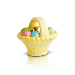 A miniature yellow egg basket charm with a handle, containing various colored eggs and a golden egg, meant for use as a dish decoration. Available at Be Charmed