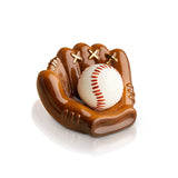 Nora Fleming mini - a brown baseball glove with a white baseball inside on a white background. Available at Be Charmed