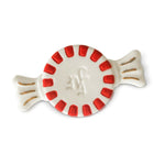 A white, gold-accented mini charm with red stripes and the monogram 'NF' in the center. Available at Be Charmed