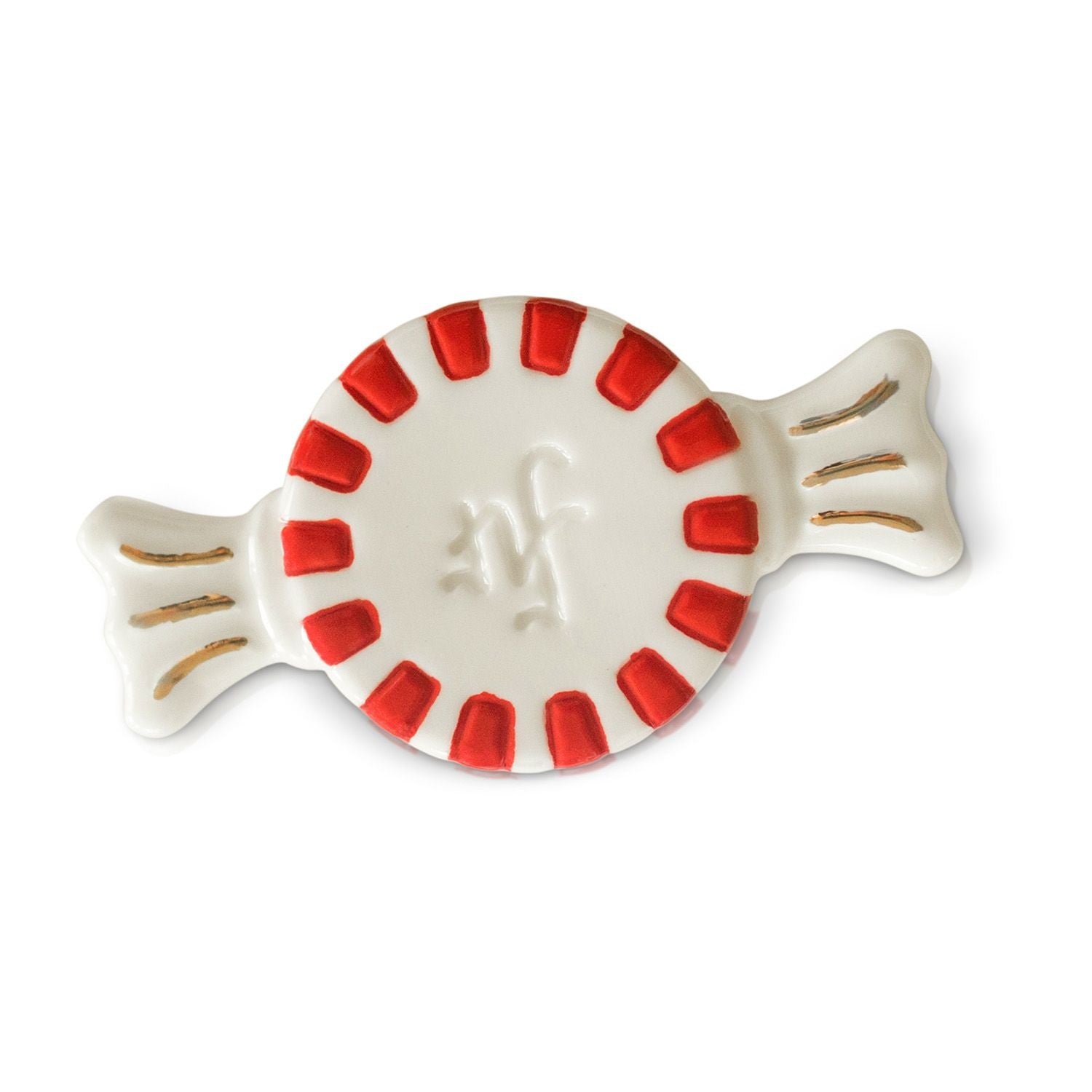 A white, gold-accented mini charm with red stripes and the monogram 'NF' in the center. Available at Be Charmed
