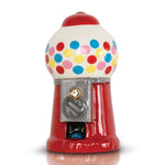 A decorative gumball machine Nora Fleming Mini with a vibrant red base, white upper half with multicolored polka dots, and a metallic gumball dispenser. Available at Be Charmed