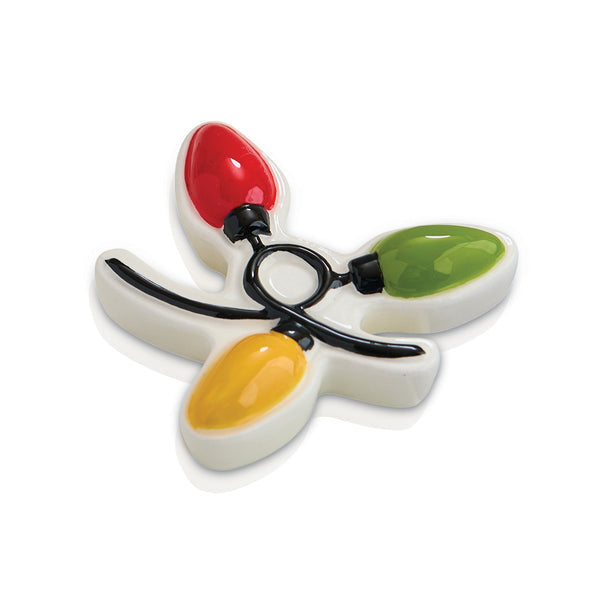 A multicolored holiday string light dish charm with a black hook. Available at Be Charmed