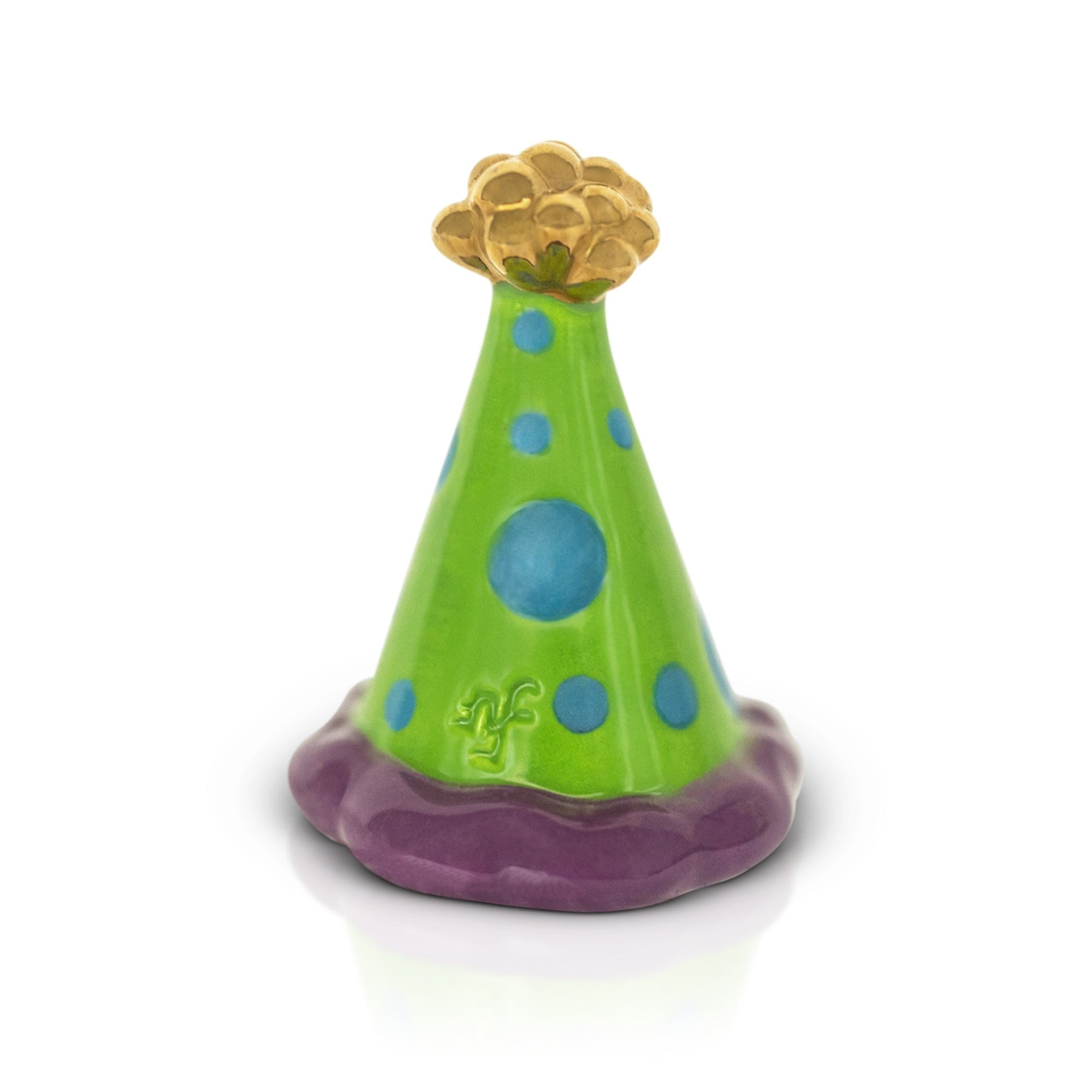 A Nora Fleming Mini ceramic mini figurine resembling a party hat with a green base, blue polka dots, and a gold-colored top. Available at Be Charmed