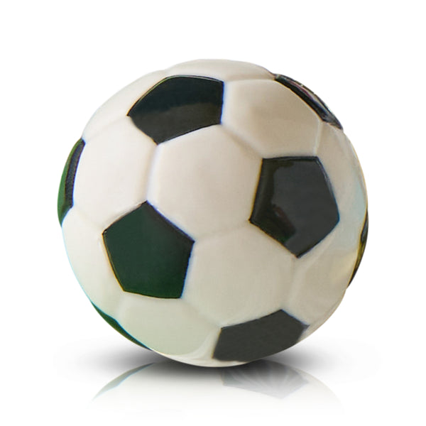 Soccer ball Nora Fleming mini with black and white pattern on a white background. Available at Be Charmed