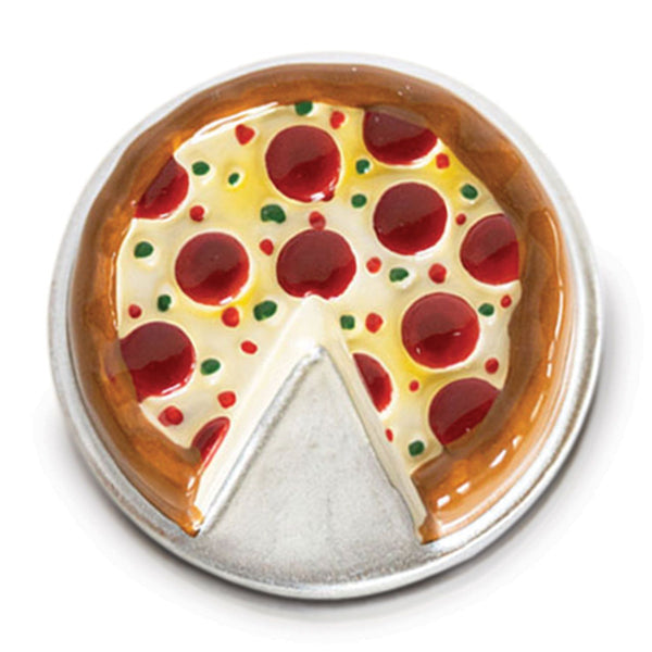 A decorative charm resembling a slice of pizza with red and green toppings on a silver-colored background. Available at Be Charmed