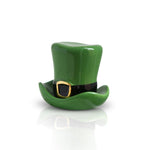 A small green leprechaun hat miniature charm with a black top and a gold button. Available at Be Charmed