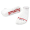 A pair of white crew socks with the word 'amazing' printed in red lettering. Available at Be Charmed
