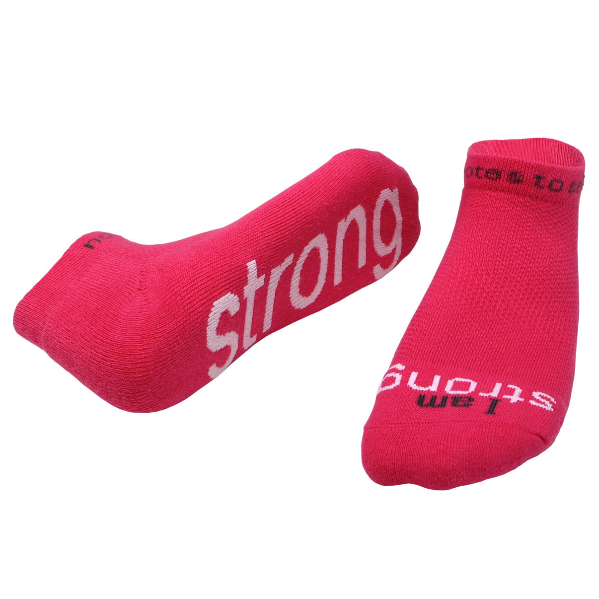 A pair of bright pink socks with the words 'strong' written on them. Available at Be Charmed