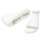A pair of white crew socks with the phrase 'great friend' printed in green text across the top. Available at Be Charmed