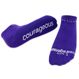 Purple socks with 'Courageous' text on a white background. Available at Be Charmed