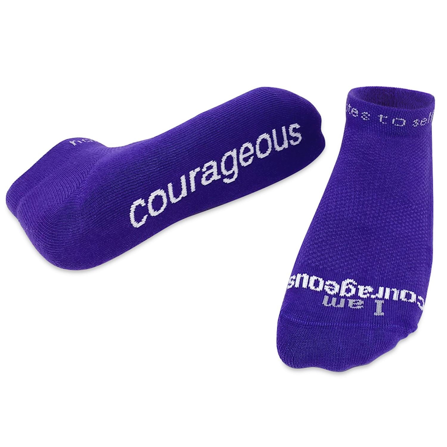 Purple socks with 'Courageous' text on a white background. Available at Be Charmed
