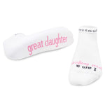 Two white socks with pink text on a white background. Available at Be Charmed