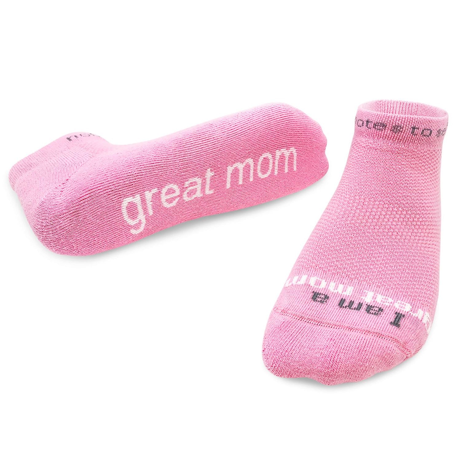 Pink socks with 'great mom' text on a white background. Available at Be Charmed