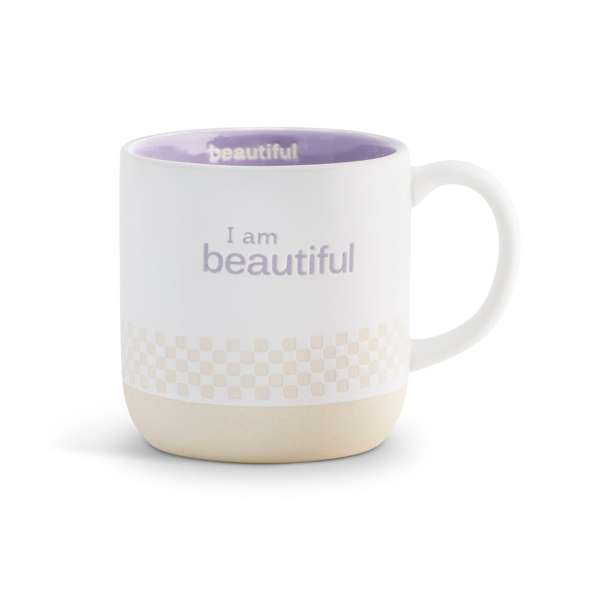White mug with purple interior and 'I am beautiful' text on a white background. Available at Be Charmed