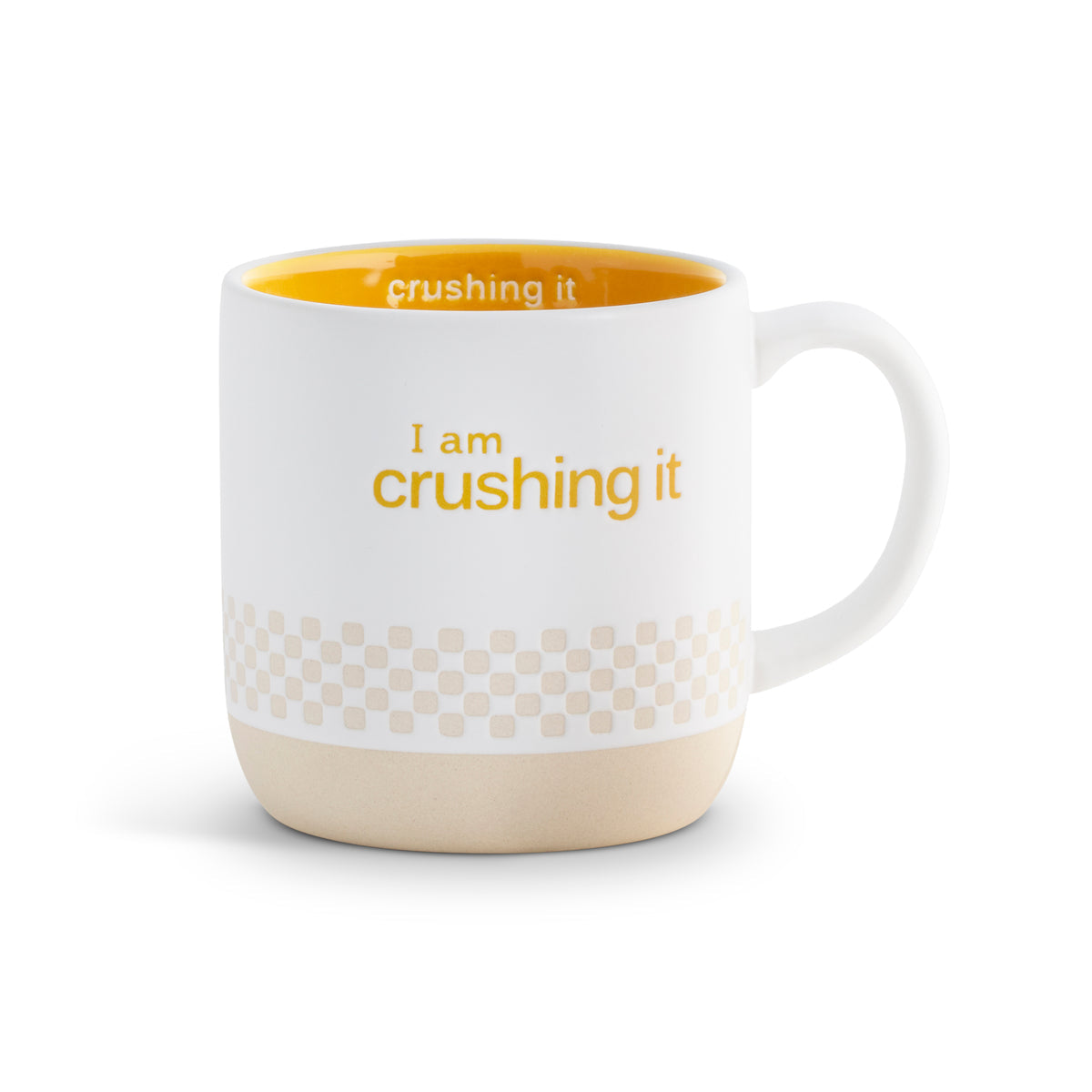 White mug with yellow interior and text on a white background. Available at Be Charmed