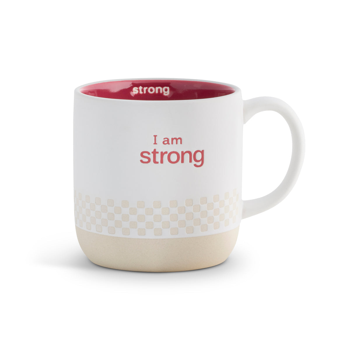 White mug with red interior, 'I am strong' text, and beige patterned base on a white background. Available at Be Charmed